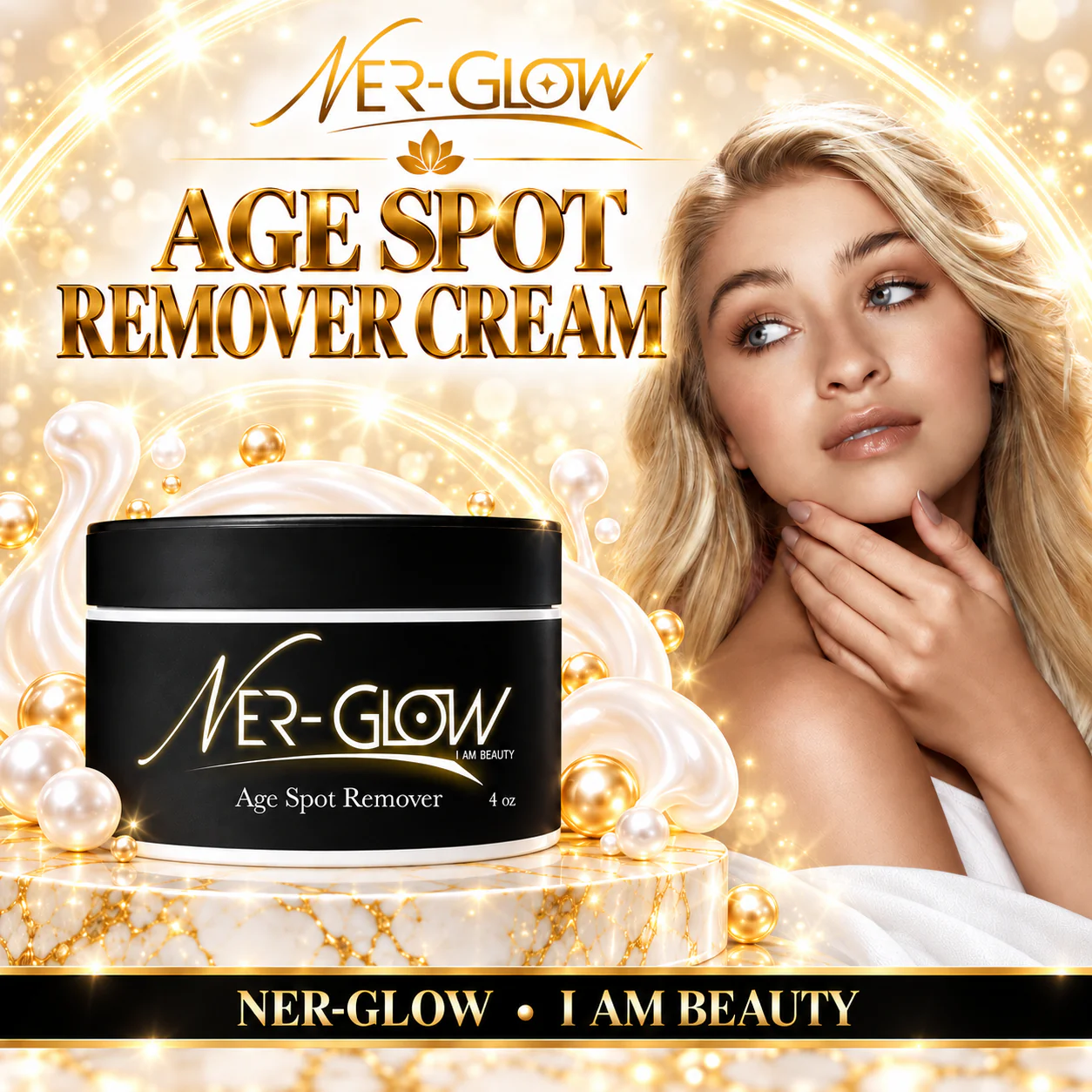 Age Spot Remover Cream with its Nerglow campaign model on a gold background