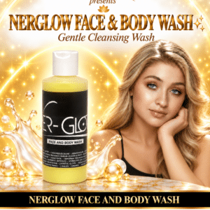 Nerglow Face and Body Wash bottle beside a blonde model with bare arms on a gold background