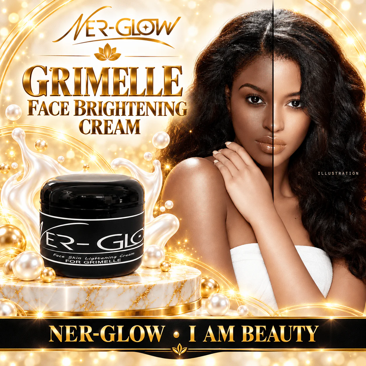 Grimelle Face Brightening Cream with its Nerglow campaign model on a gold background