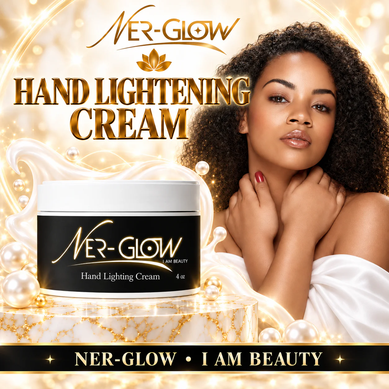 Hand Lightening Cream with its Nerglow campaign model on a gold background