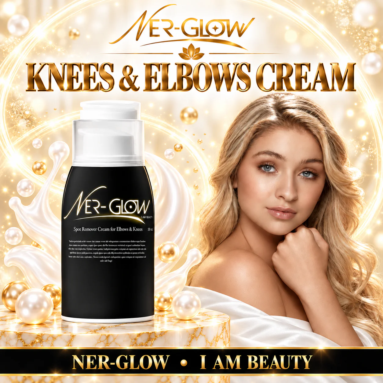 Knees & Elbows Cream with its Nerglow campaign model on a gold background