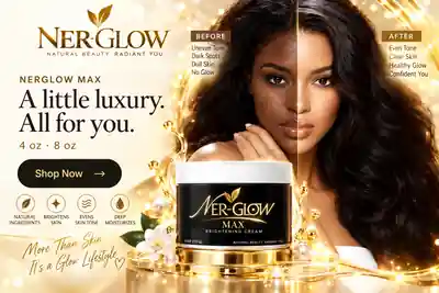 Nerglow Max before and after skincare banner showing a split-face model and Nerglow Max cream