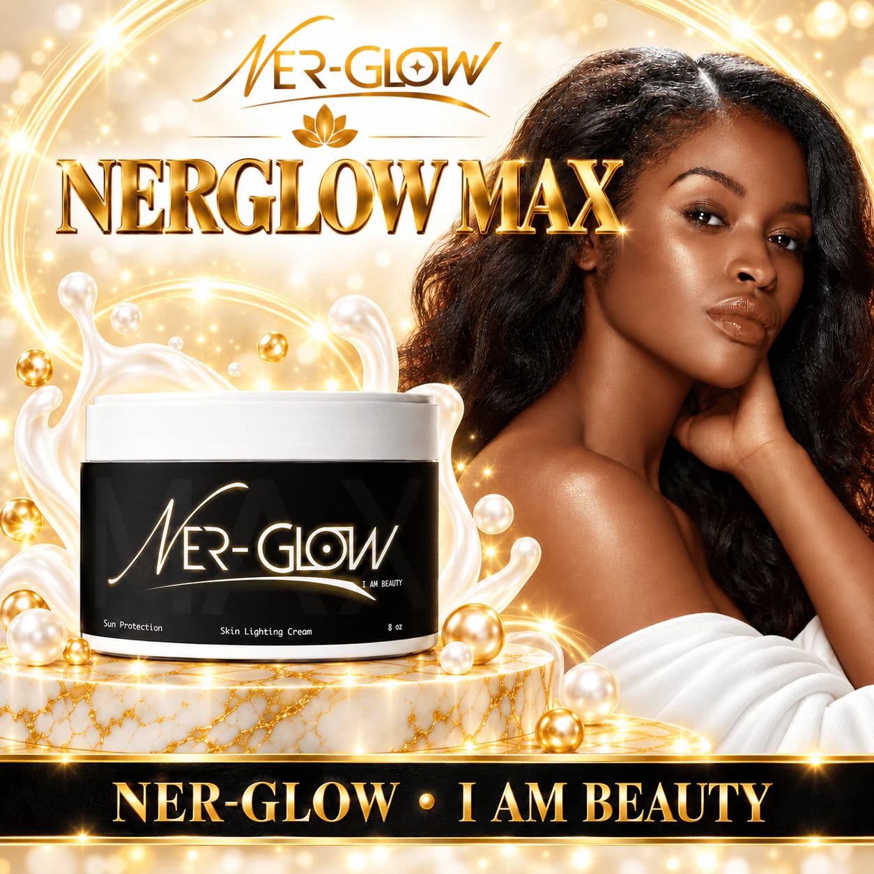 Nerglow Max with its Nerglow campaign model on a gold background