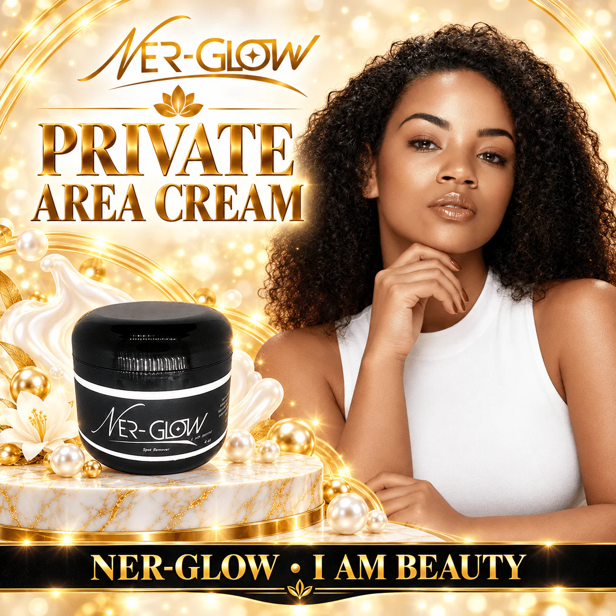 Private Area Cream with its Nerglow campaign model on a gold background